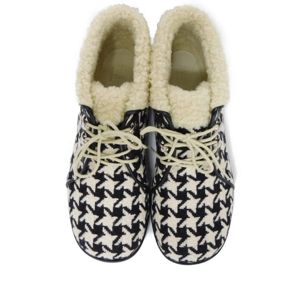 Gucci boots 591039 wool Ivory Houndstooth pattern, all-over pattern, black, lace-up, unused Tweed Boa Ankle Women 37