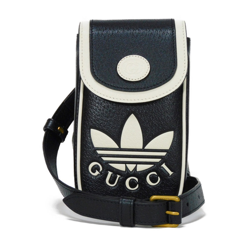 Gucci Shoulder Bag 721794 AAA8K 8495 Textured leather black Trefoil logo white in good condition Interlocking G Adidas Phone Holder mens
