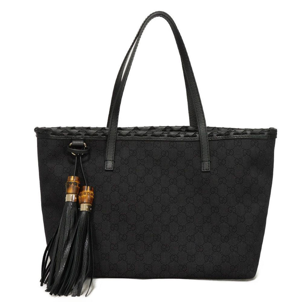 Gucci Tote Bag 354665 GG denim canvas x calf leather black Tassel charm GG denim tote