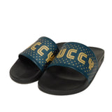 Gucci Sandals 522023 Supreme canvas (polyurethane coating) x calf leather x rubber Turquoise SEGA Sega logo GUCCY print slides 7
