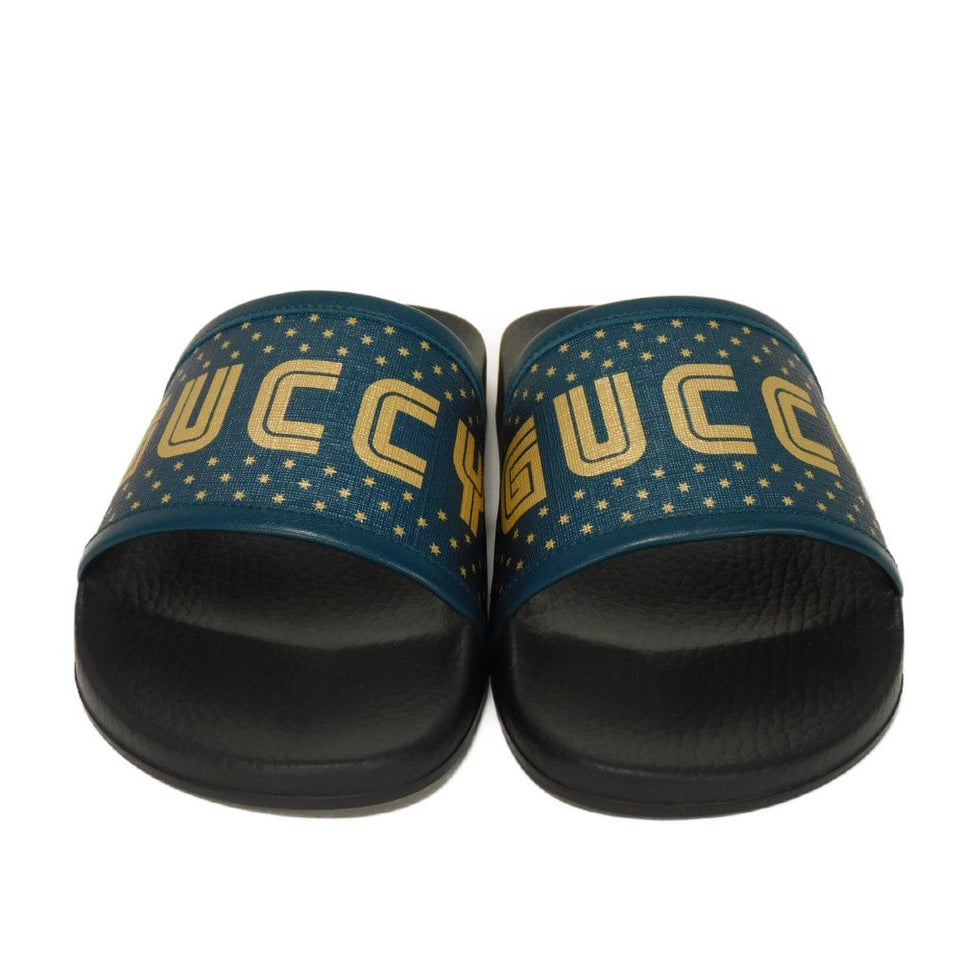 Gucci Sandals 522023 Supreme canvas (polyurethane coating) x calf leather x rubber Turquoise SEGA Sega logo GUCCY print slides 7