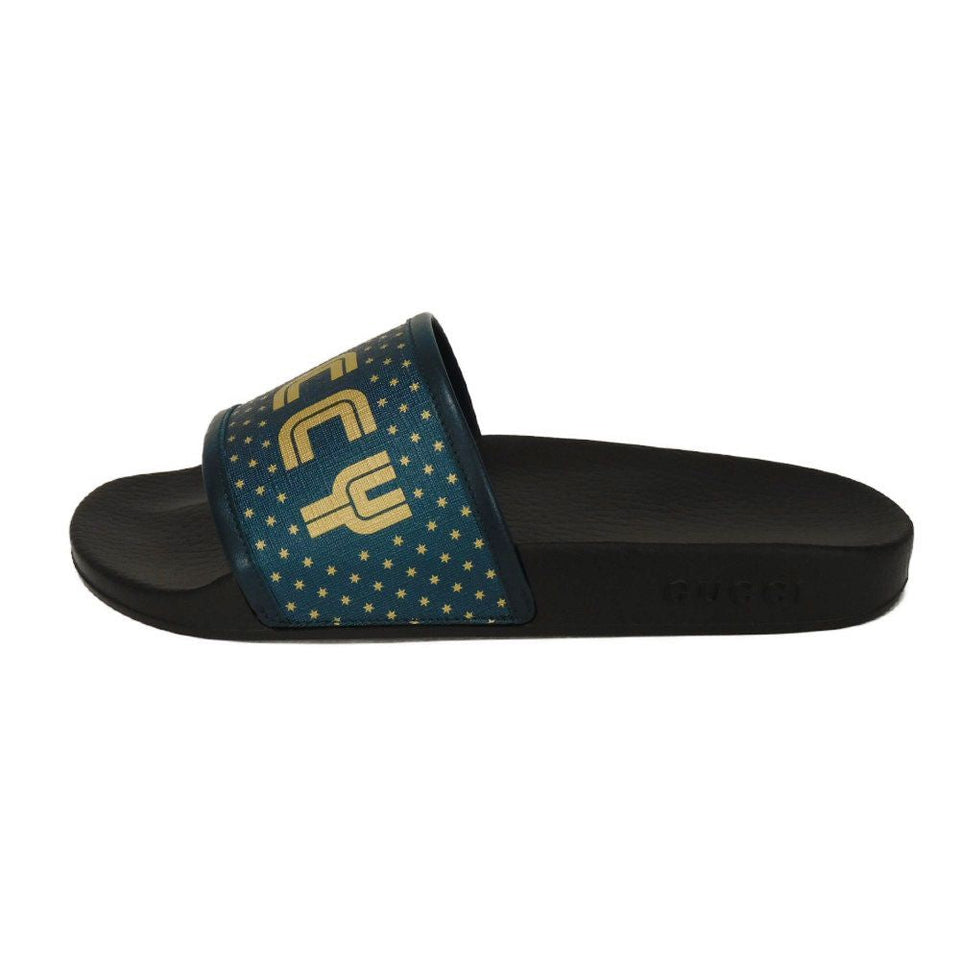Gucci Sandals 522023 Supreme canvas (polyurethane coating) x calf leather x rubber Turquoise SEGA Sega logo GUCCY print slides 7