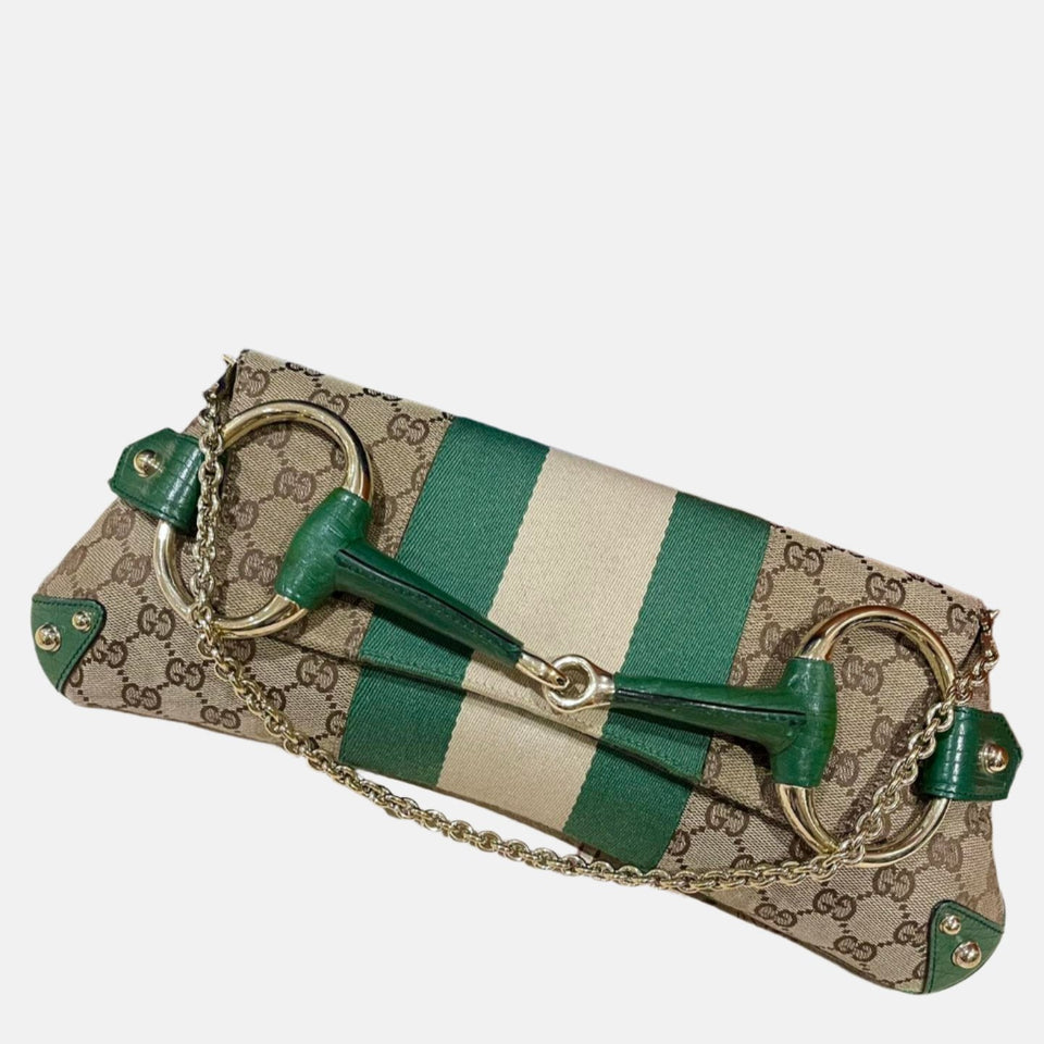 Gucci Horsebit 1955 Chain Cloth Gucci Monogram Green Leather and Gold Studs