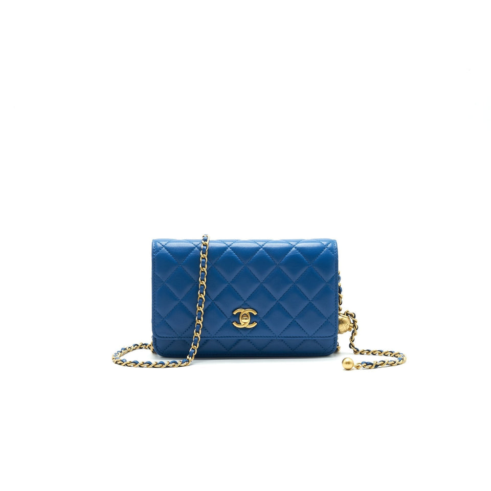 Chanel Lambskin Quilted CC Pearl Crush Wallet On Chain Blue with
