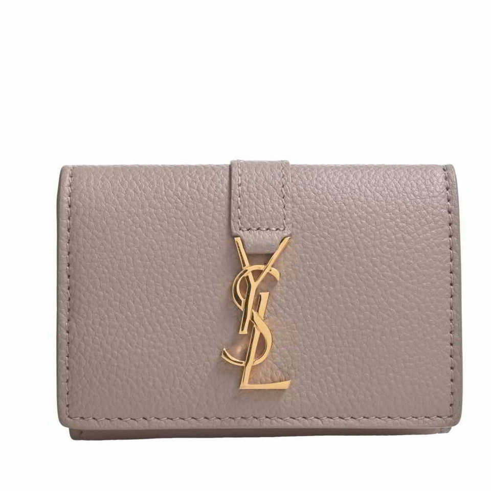 Saint Laurent- Leather  Tiny Wallet Tri-fold Compact Wallet Beige