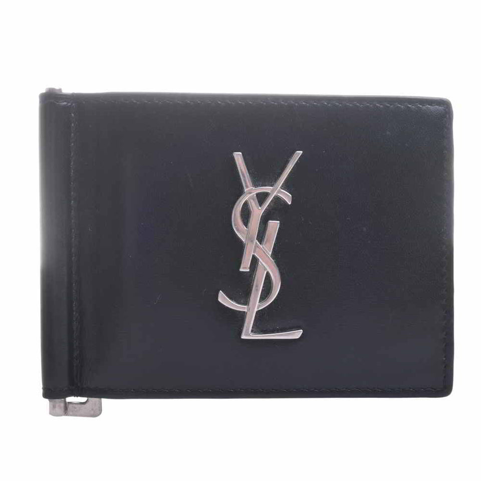 Saint Laurent- Leather Money Clip Bifold Wallet Billfold Black