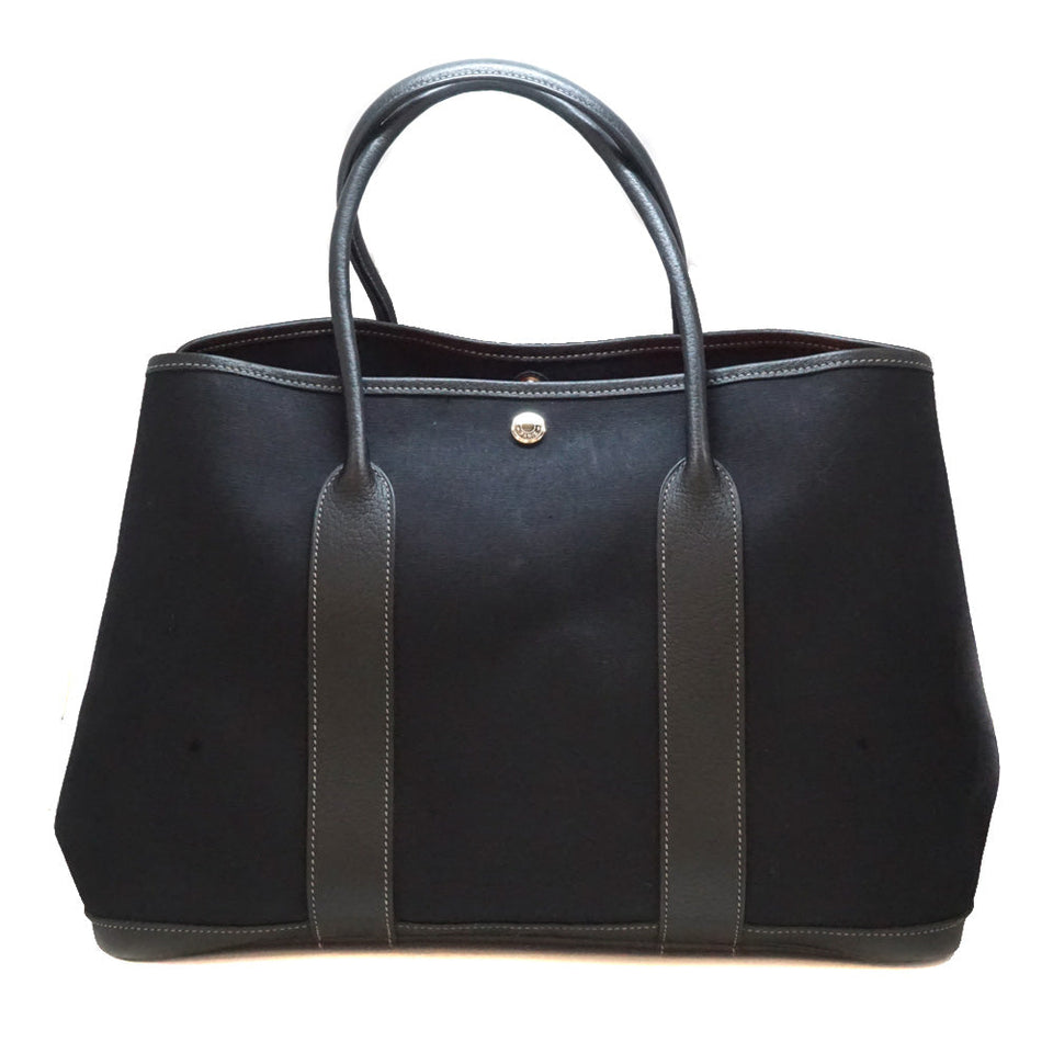 Hermes Garden Party PM Tote Bag Canvas Toile Ash Leather Black