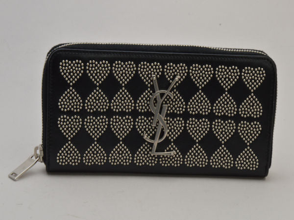 Saint Laurent- Round Zipper Long Wallet Heart Studded Black