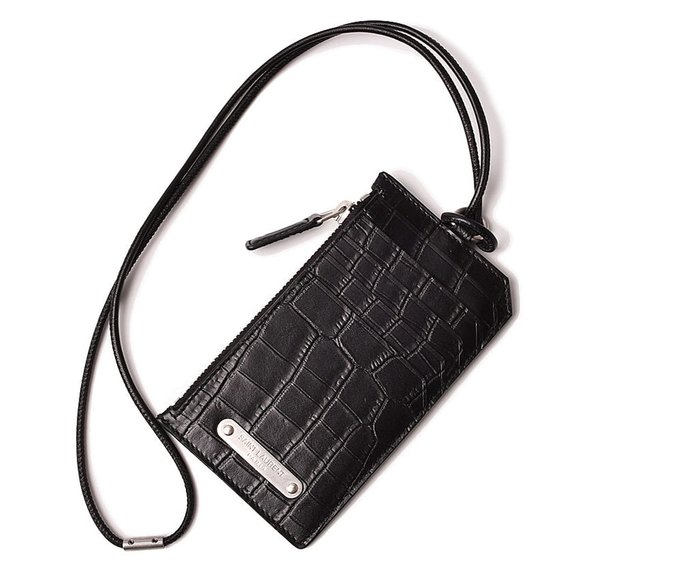 Saint Laurent- Paris Coin Case Card Case Neck Strap Embossed Black