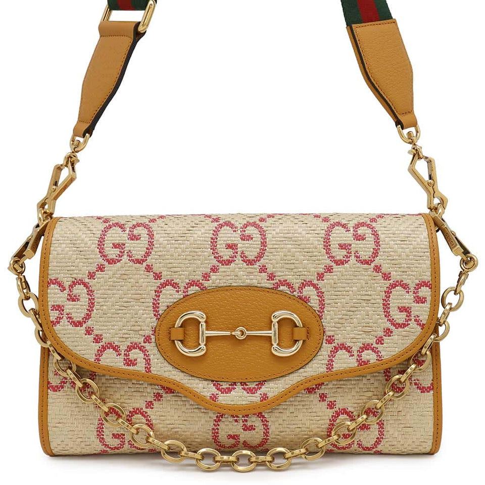 Gucci Horsebit Shoulder Beige/Yellow677286 Raffia Leather