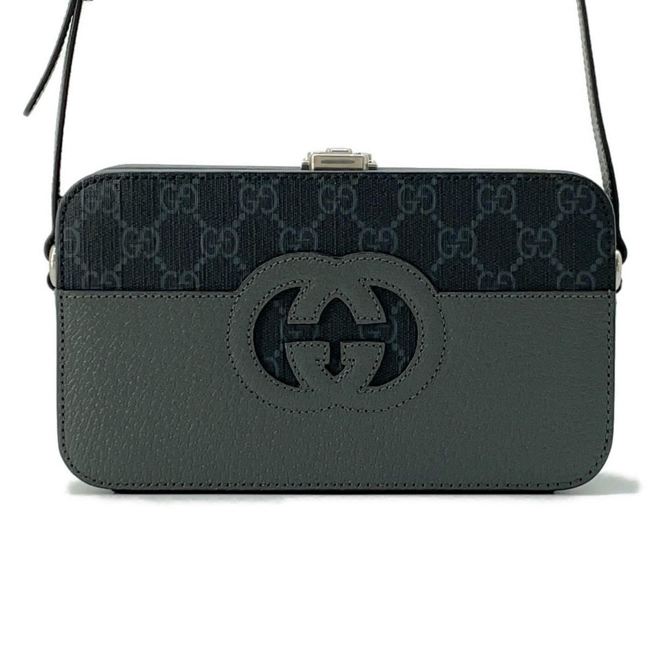 Gucci Cutout Interlocking G Shoulder Bag Gray/Black725341 GG SupremeCanvas Leather
