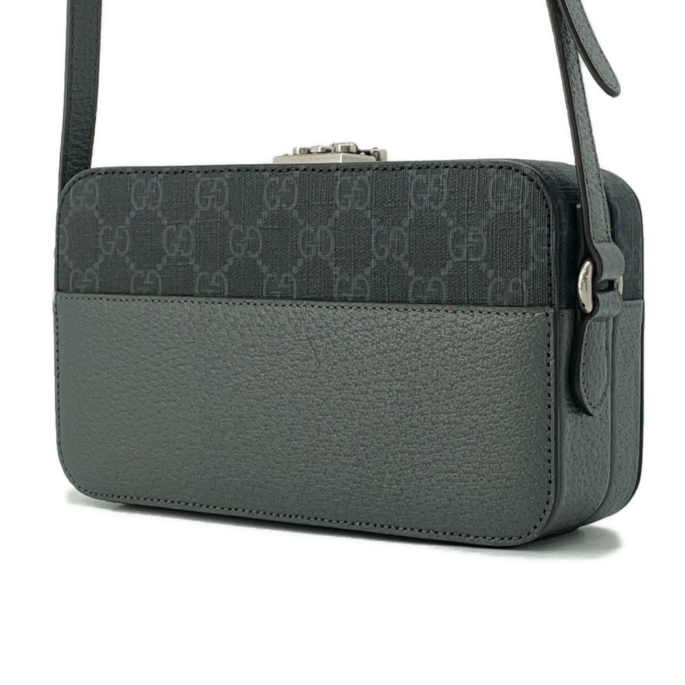 Gucci Cutout Interlocking G Shoulder Bag Gray/Black725341 GG SupremeCanvas Leather