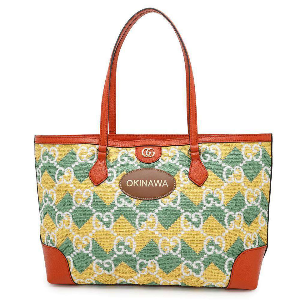 Gucci GG Pattern Tote OKINAWA Yellow/Green/Orange631685 Raffia Leather