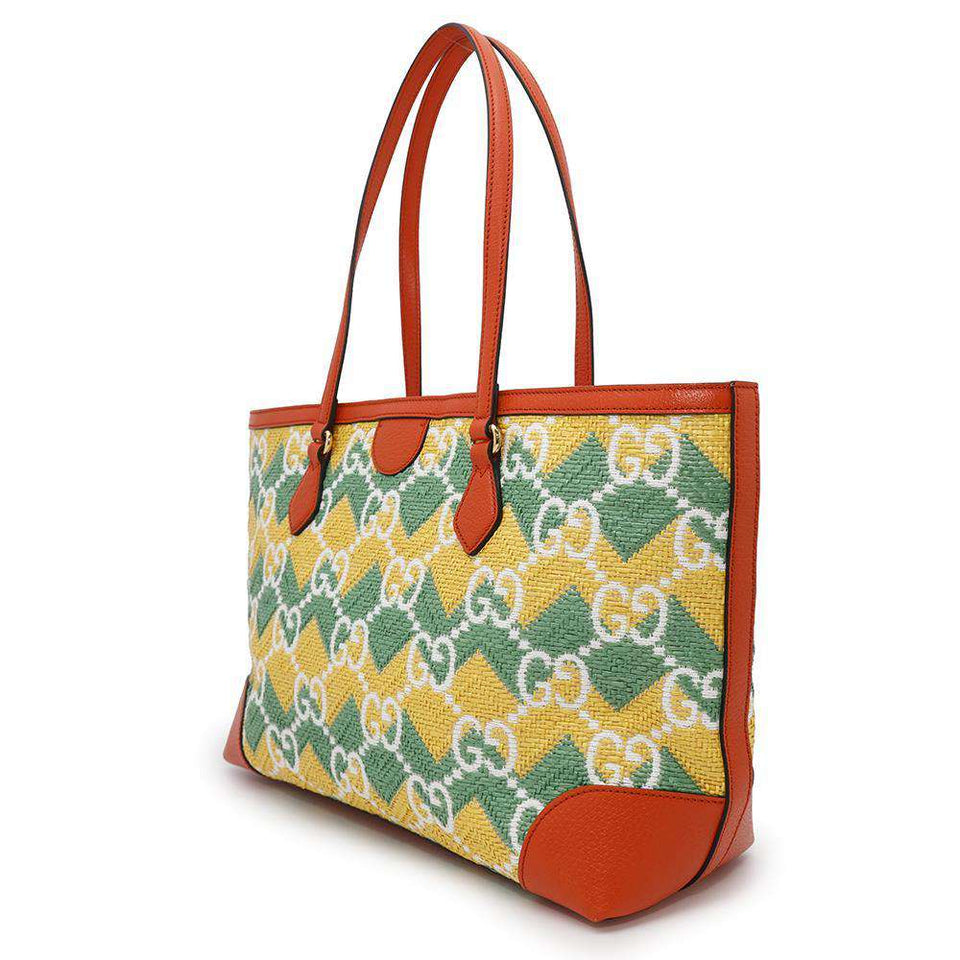 Gucci GG Pattern Tote OKINAWA Yellow/Green/Orange631685 Raffia Leather