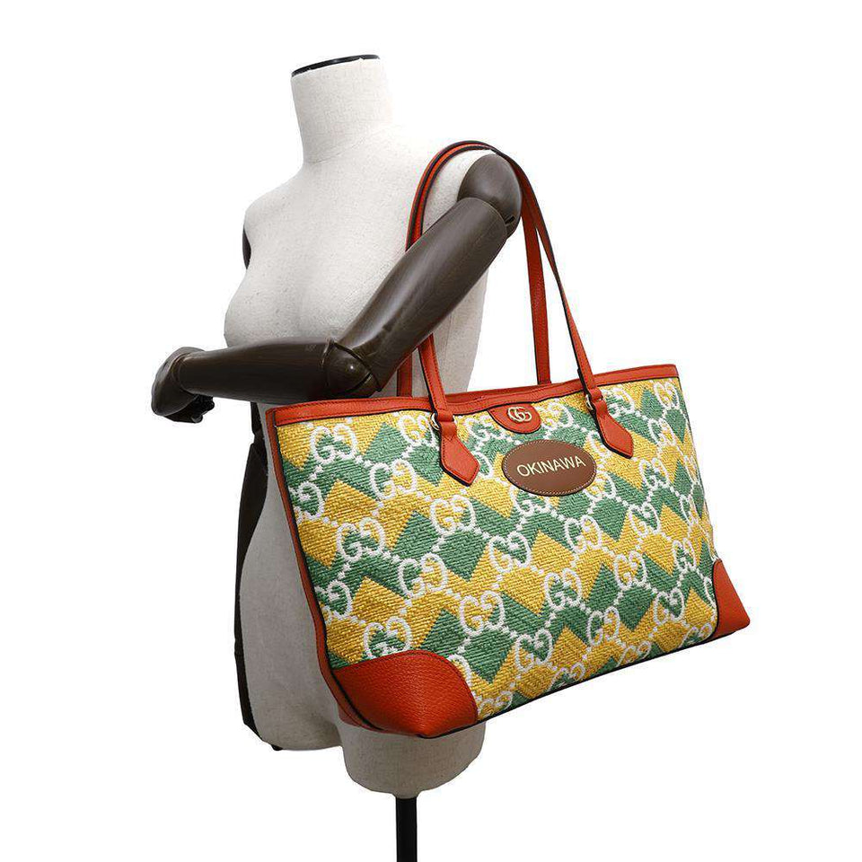 Gucci GG Pattern Tote OKINAWA Yellow/Green/Orange631685 Raffia Leather