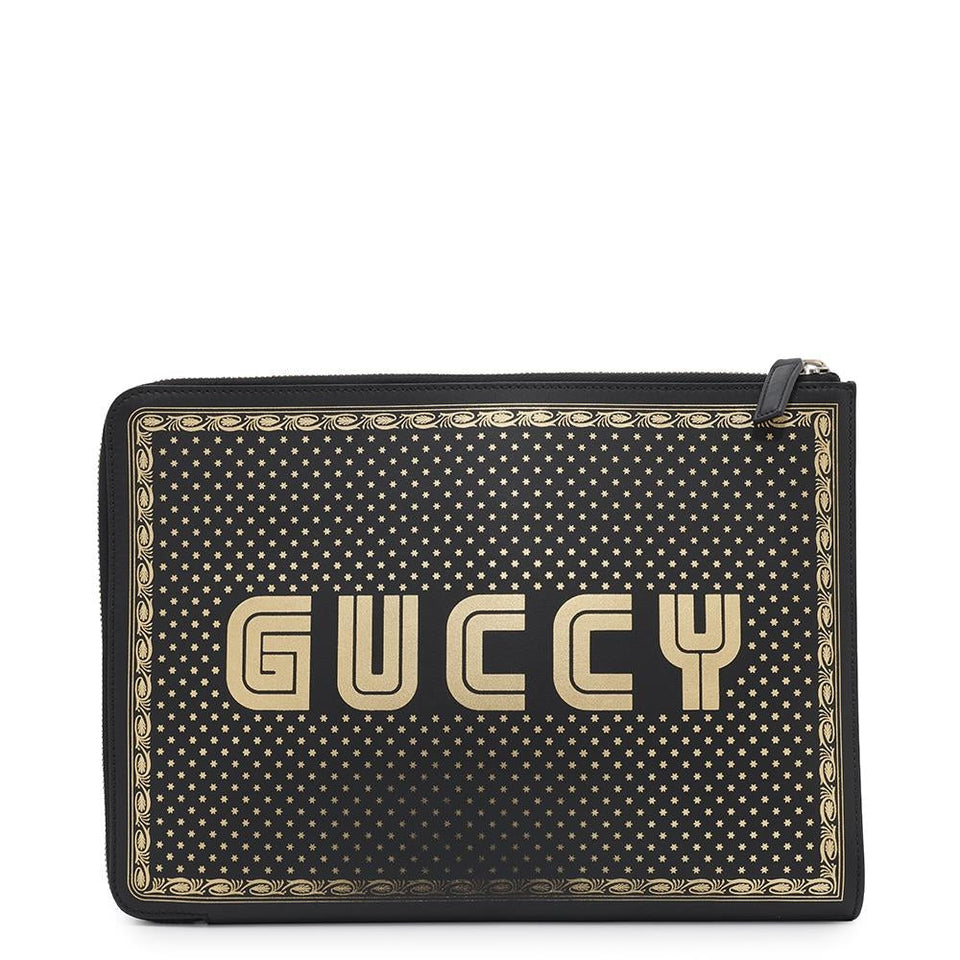 Gucci Sega collaboration GUCCY logo Clutch Bag Black/Gold523441 Leather