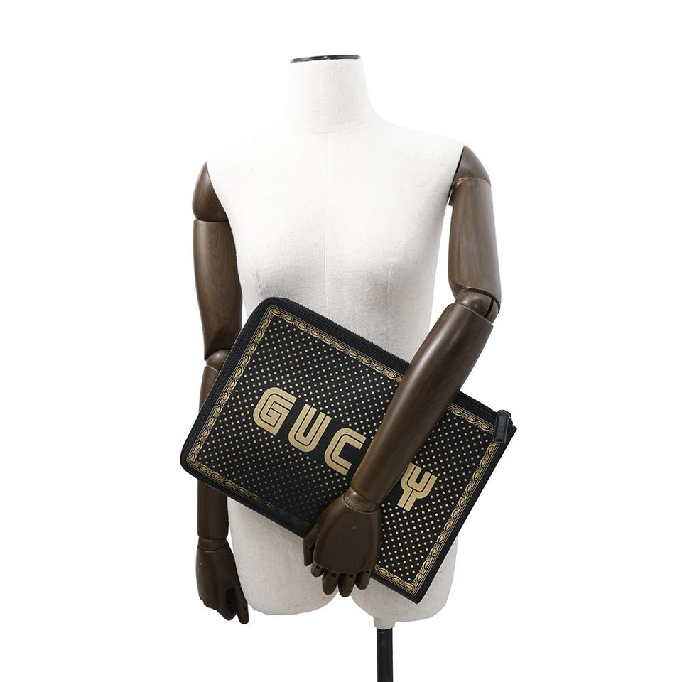 Gucci Sega collaboration GUCCY logo Clutch Bag Black/Gold523441 Leather
