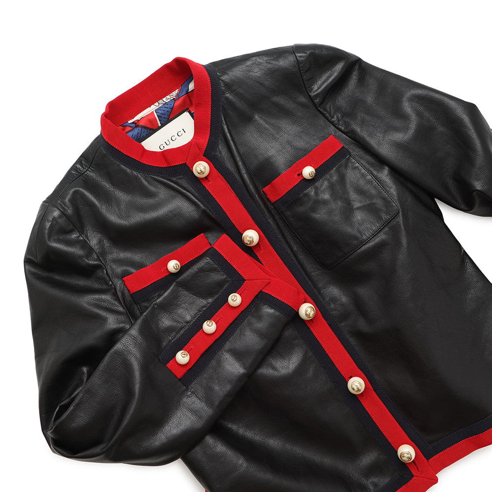 Gucci Leather Jacket Size 36 Black/Red/Navy Leather Cotton100%