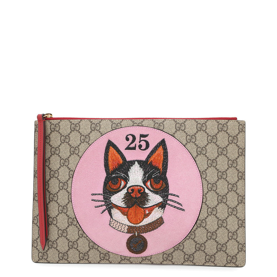 Gucci BOSCO Clutch Bag Beige/Pink/Red506280 GG Supreme Suede Leather