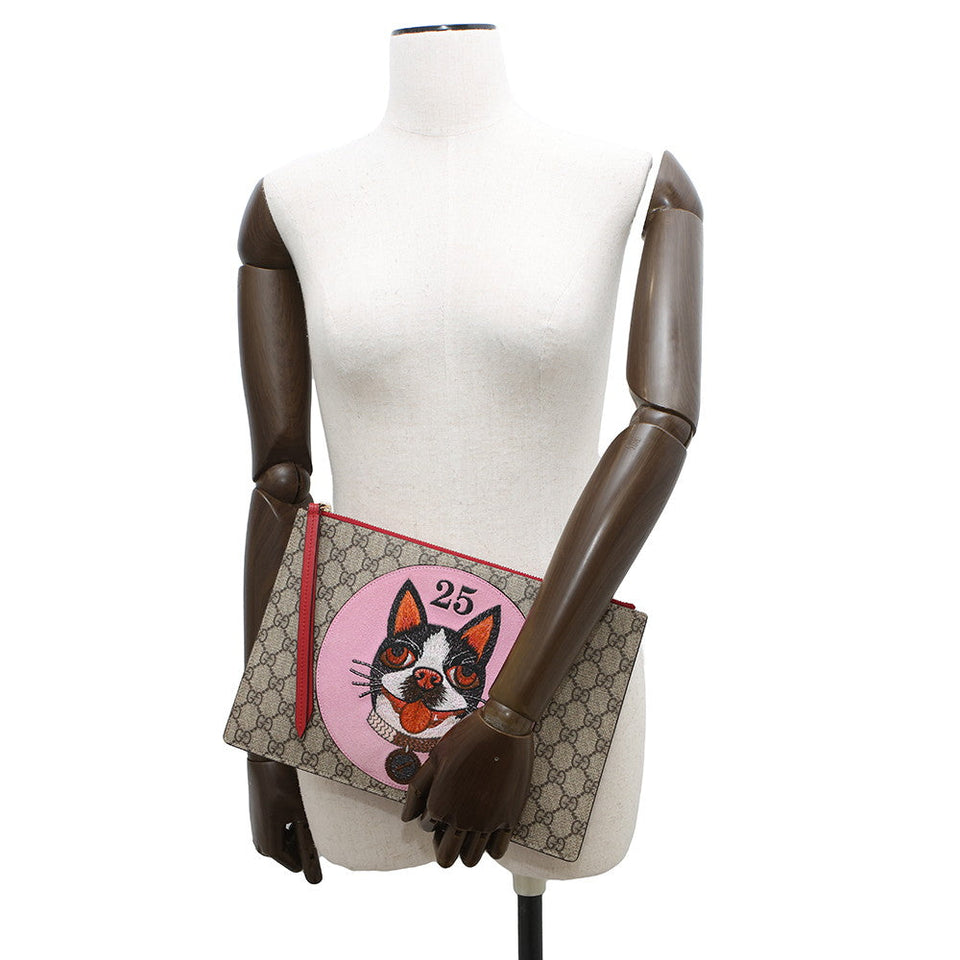 Gucci BOSCO Clutch Bag Beige/Pink/Red506280 GG Supreme Suede Leather