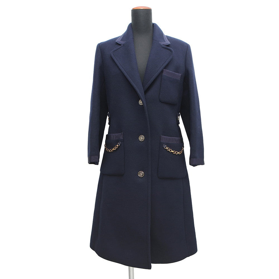 Gucci Coat with GGChain Size 38 Navy669525 Wool 98% Nylon2%