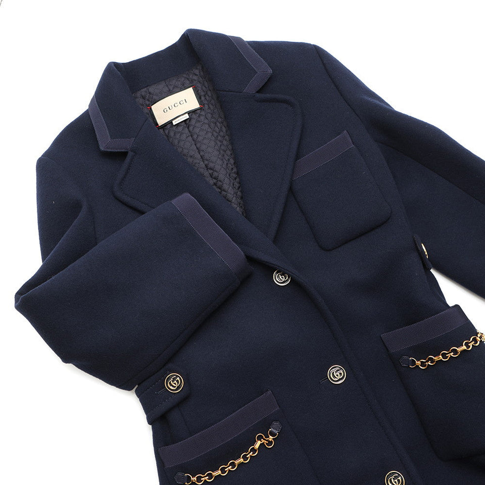Gucci Coat with GGChain Size 38 Navy669525 Wool 98% Nylon2%
