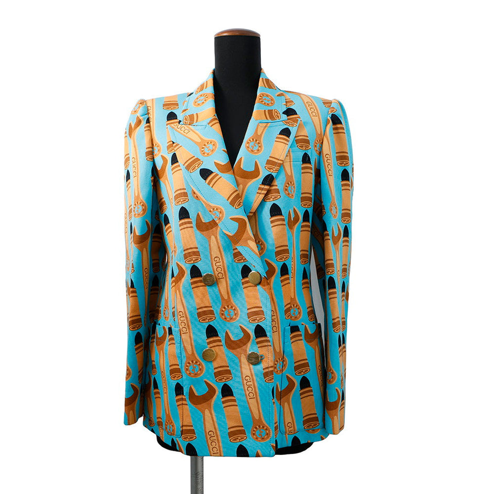 Gucci Lipstick & Tool Print Jacket Size 38 Light Blue/Brown740422 Rayon98% Silk2%