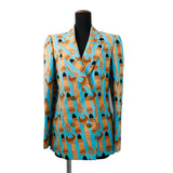 Gucci Lipstick & Tool Print Jacket Size 38 Light Blue/Brown740422 Rayon98% Silk2%