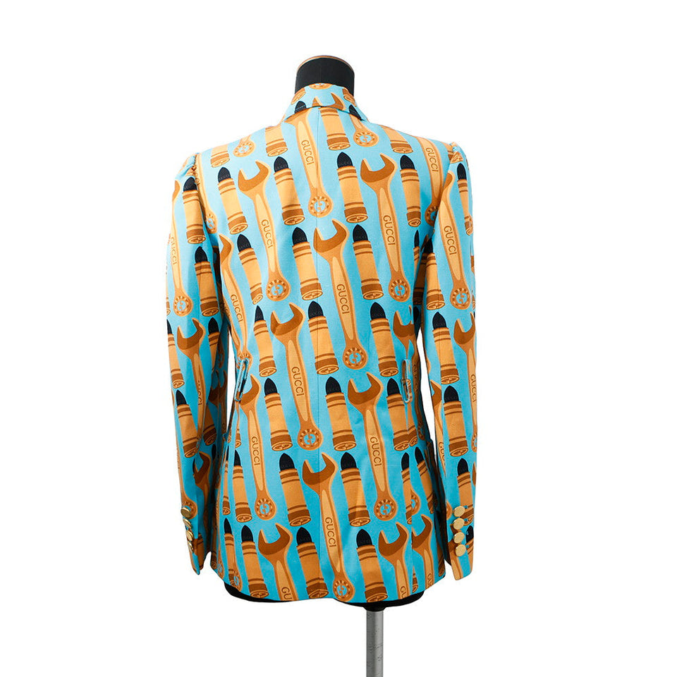 Gucci Lipstick & Tool Print Jacket Size 38 Light Blue/Brown740422 Rayon98% Silk2%