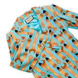 Gucci Lipstick & Tool Print Jacket Size 38 Light Blue/Brown740422 Rayon98% Silk2%