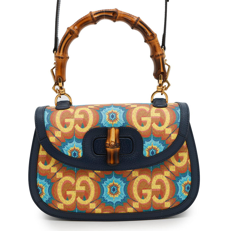 Gucci Bamboo 1947 Gucci100 2-Way Handbag 100th Anniversary Model Blue/Orange678489 Bamboo Leather Size Medium