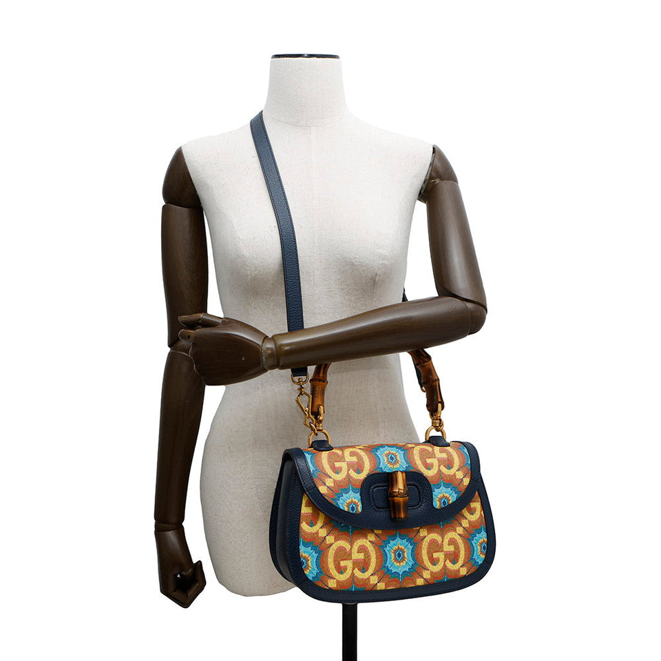 Gucci Bamboo 1947 Gucci100 2-Way Handbag 100th Anniversary Model Blue/Orange678489 Bamboo Leather Size Medium