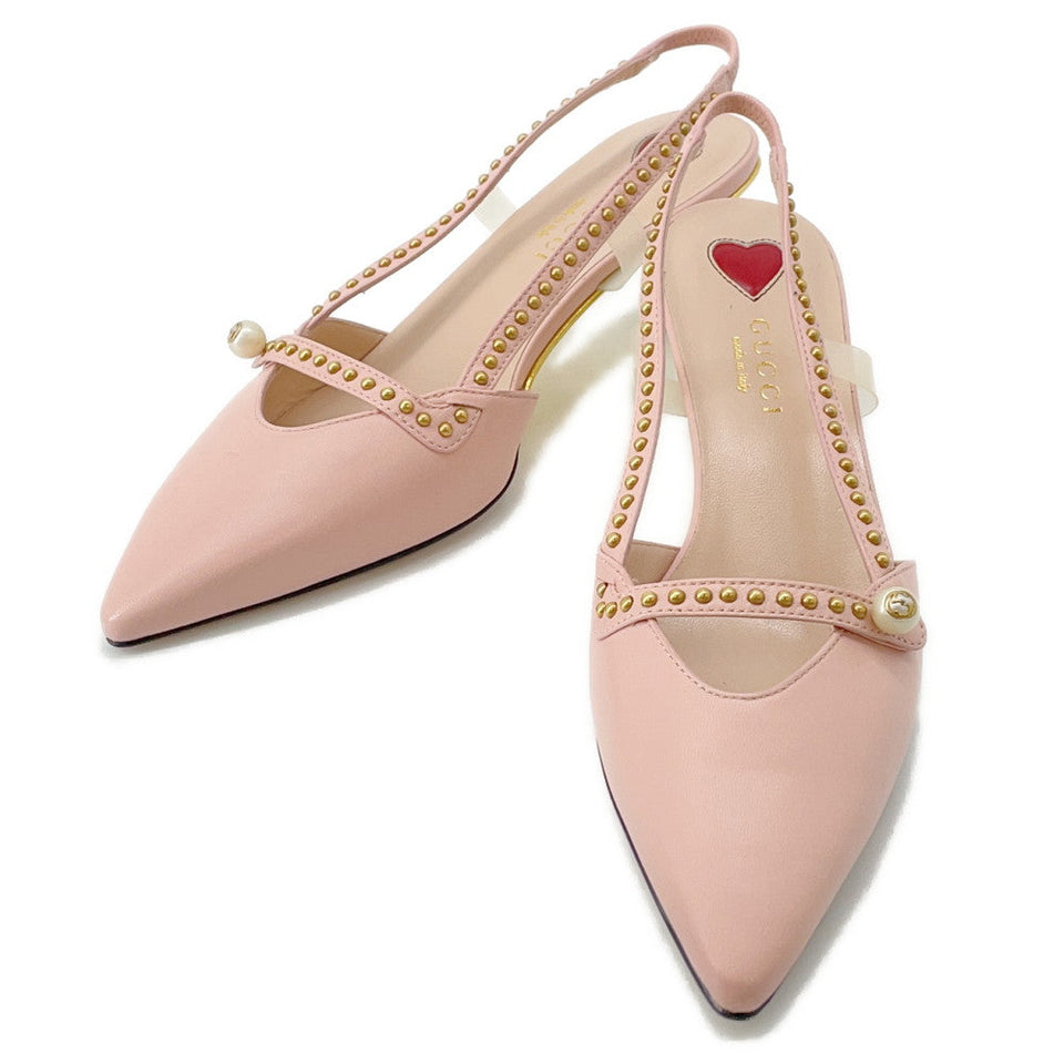 Gucci Bamboo Heel Pumps Pink Leather Faux Pearl Size 34 1/2