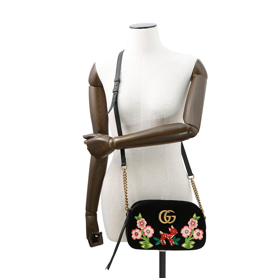 Gucci GG Marmont Bambi Chainshoulder Bag Black/Multicolor447632 Velour Leather