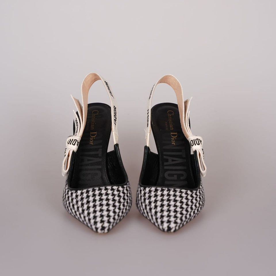 Christian Dior Wool Ribbon Houndstooth J'ADior Slingback 8cm Pumps 38D Black White