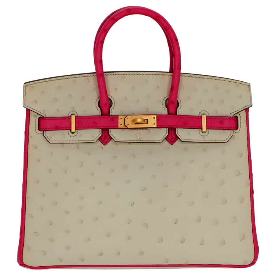 Hermes25cm Birkin HSS Nata/ Rose Tyrien Ostrich Brushed Gold Hardware