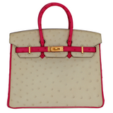 Hermes25cm Birkin HSS Nata/ Rose Tyrien Ostrich Brushed Gold Hardware