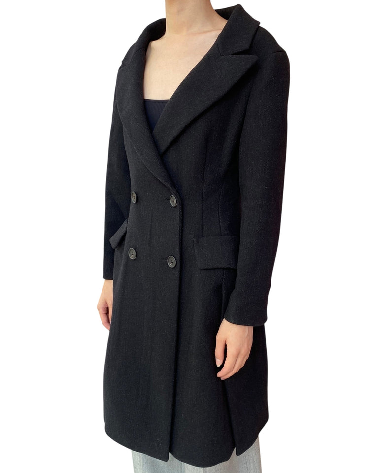 Prada Black Shetland Wool Double Breasted Coat - 42 / US 6
