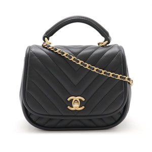 Chanel Chevron Coco Mark Top Handle 2way Chain Shoulder Bag Black Leather