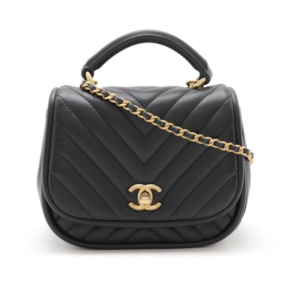 Chanel Chevron Coco Mark Top Handle 2way Chain Shoulder Bag Black Leather