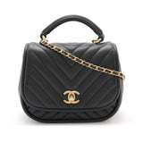 Chanel Chevron Coco Mark Top Handle 2way Chain Shoulder Bag Black Leather