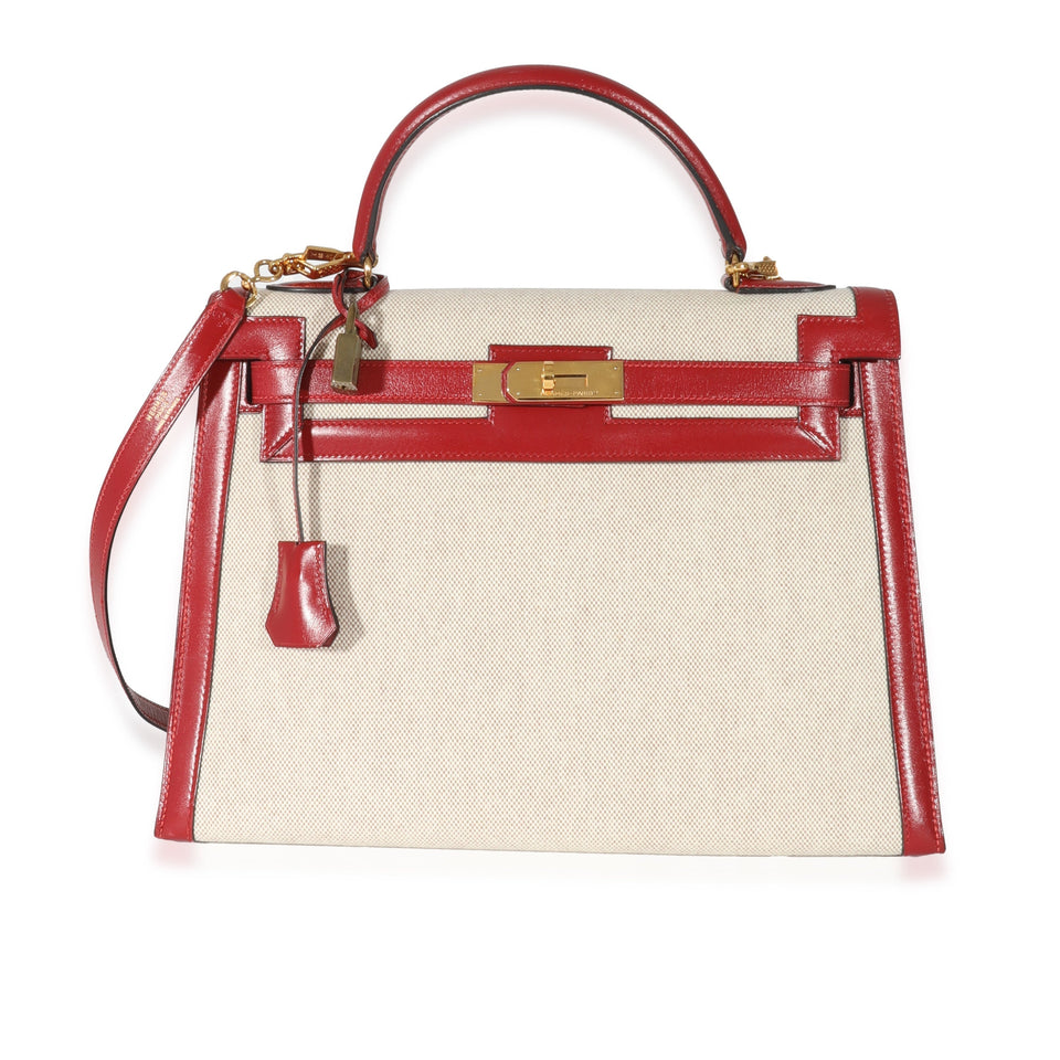 Hermes Kelly 32  Rouge Box Natural Toile Sellier