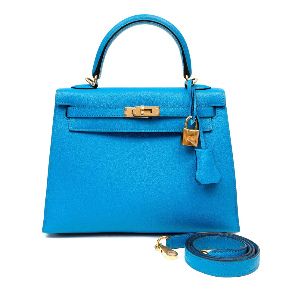 Hermes 25cm Turquoise Blue Chevre Kelly w/ Gold Hardware