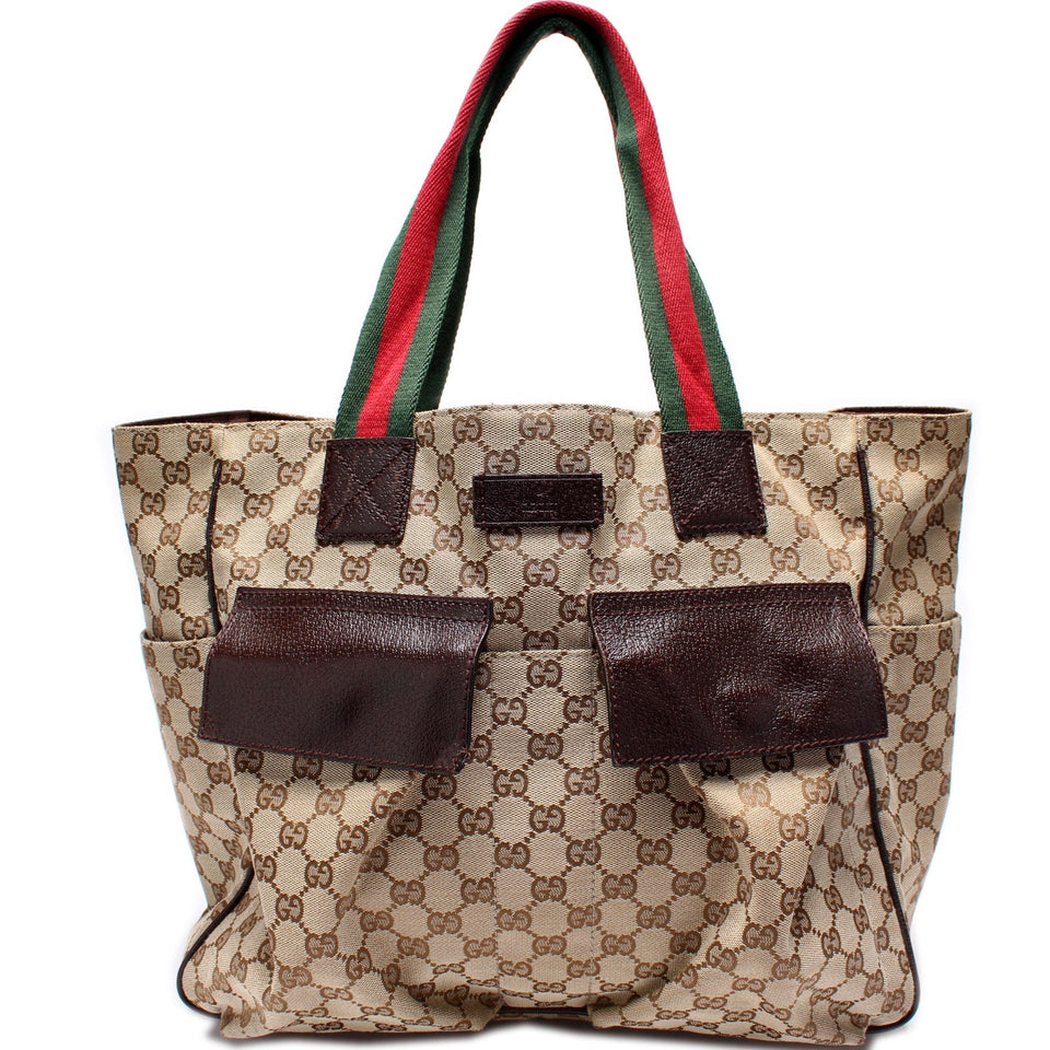 Gucci 161836 GG Canvas Web Handle Double Pocket Tote Bag