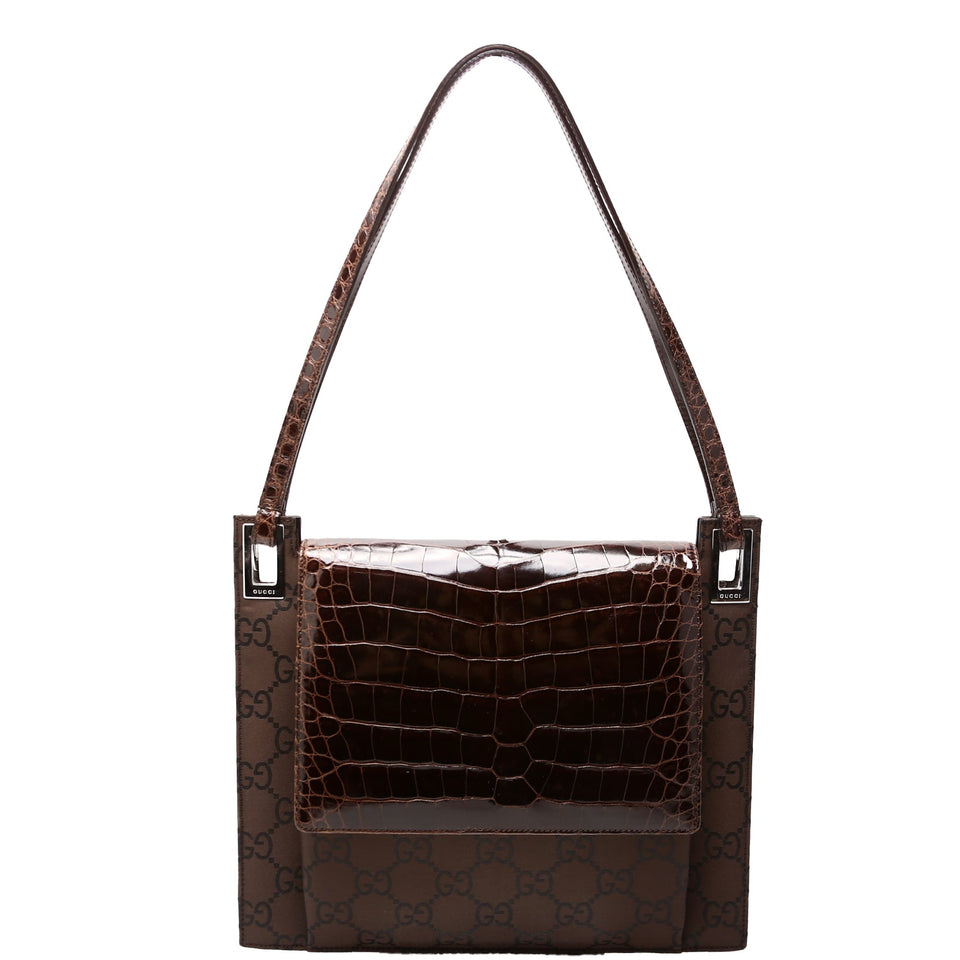 Gucci 001-3132 GG Nylon/Croc Embossed Flap Shoulder Vintage Brown Bag