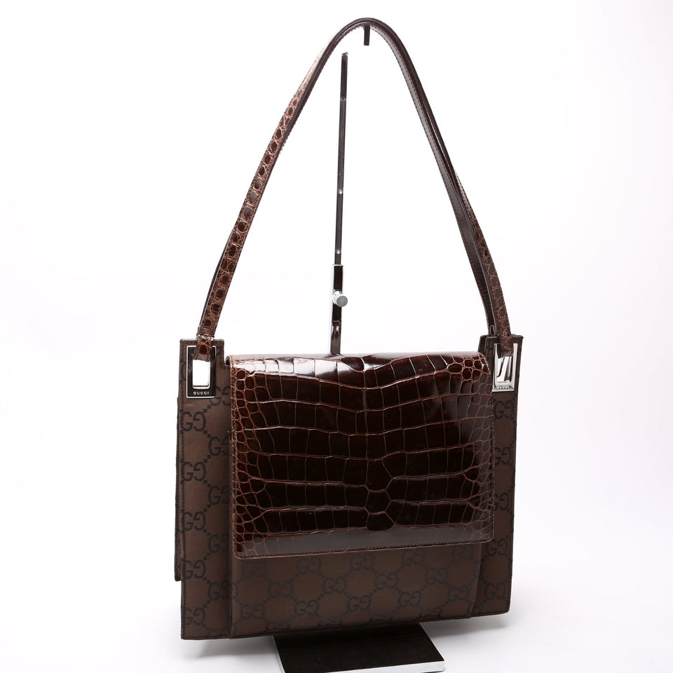 Gucci 001-3132 GG Nylon/Croc Embossed Flap Shoulder Vintage Brown Bag