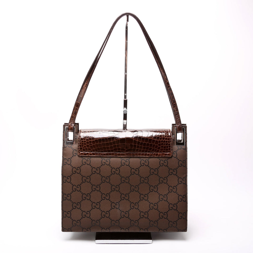 Gucci 001-3132 GG Nylon/Croc Embossed Flap Shoulder Vintage Brown Bag
