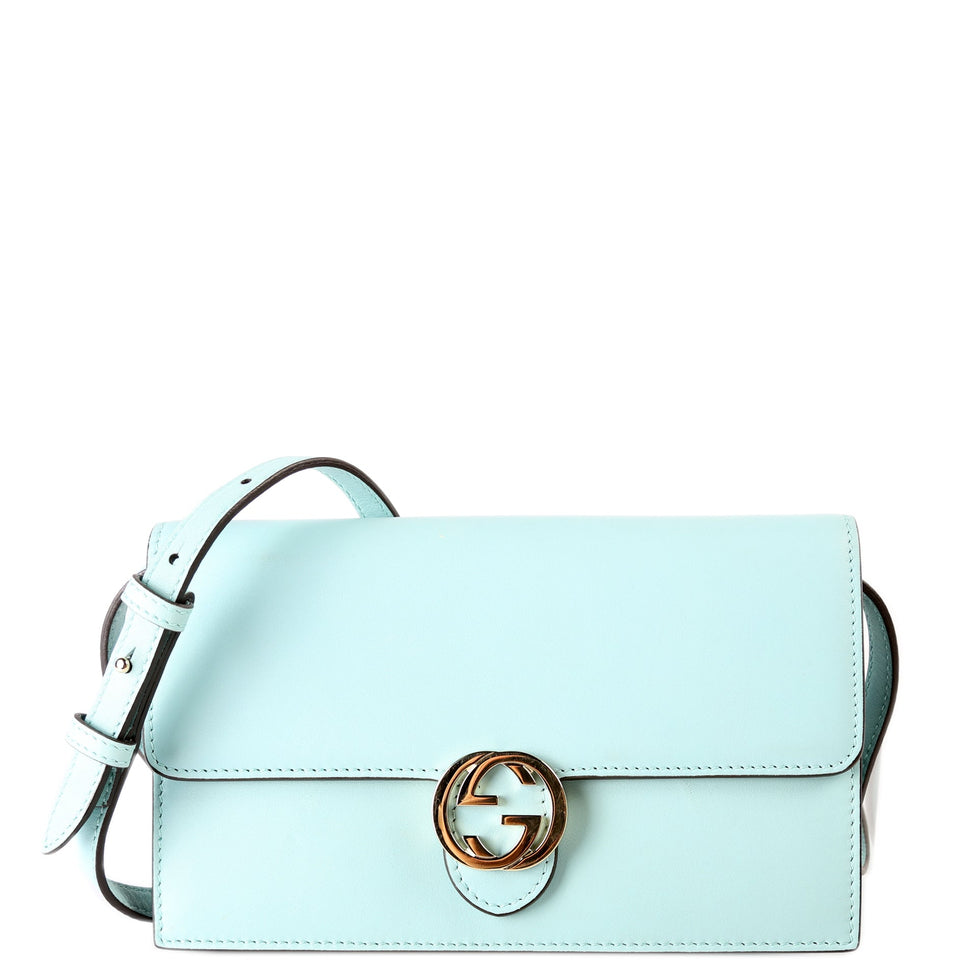 Gucci 369664 Interlocking G Calfskin Leather Icon Wallet Crossbody Blue Bag