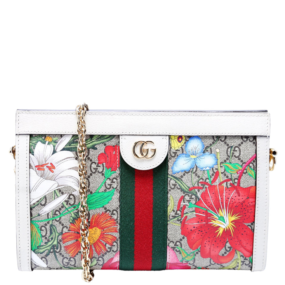 Gucci 503877 GG Supreme Flora Ophidia Small Chain White Bag