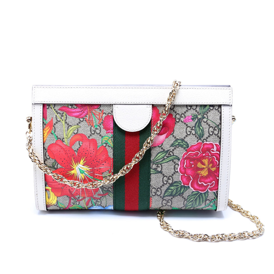 Gucci 503877 GG Supreme Flora Ophidia Small Chain White Bag